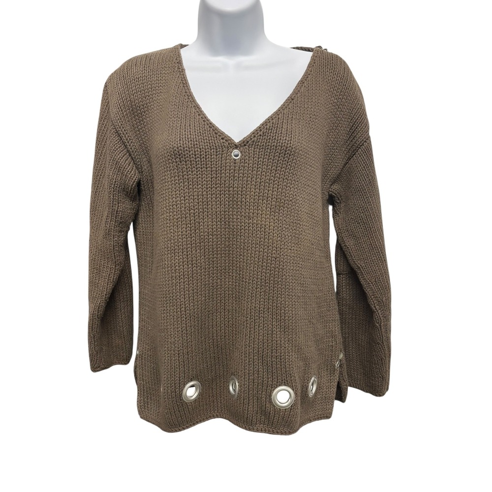 Pure Handknit Sweater Womens S/M Brown V Neck Long Sleeve Eyelet Knit‎ Cotton